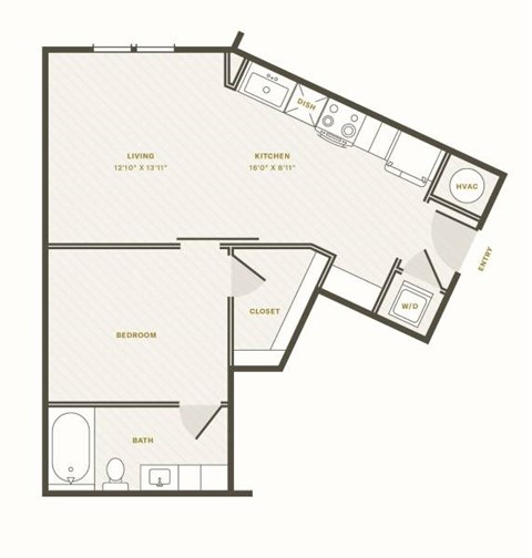 Floor plan for 1 bed, 1 bath, 669 sqft